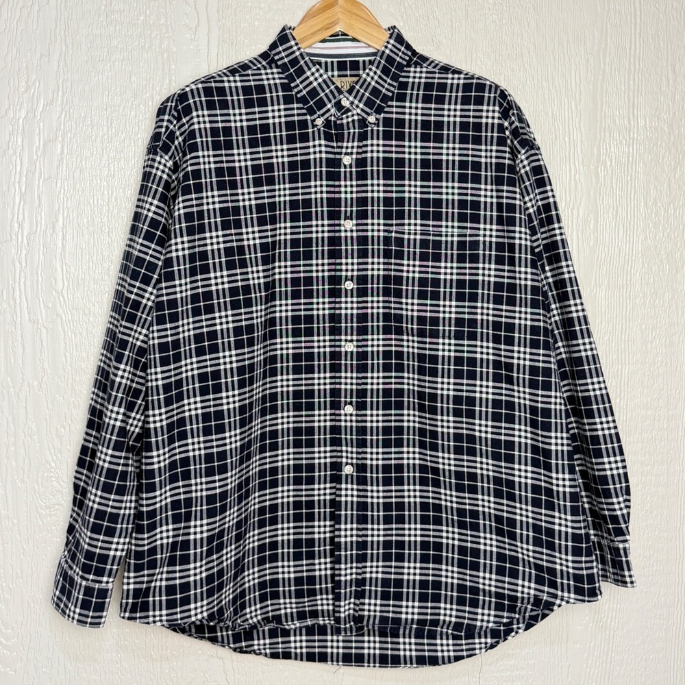 Sun River Mens XL Navy Blue White Plaid Cotton Button Down Long Sleeve Shirt
